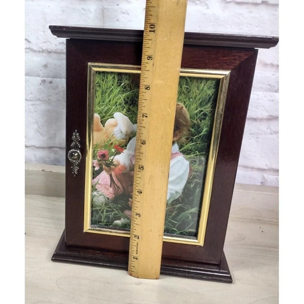 Vtg Wooden Jewelry Box Photo Insert Glass Doors Necklace Carousel Brass Trim